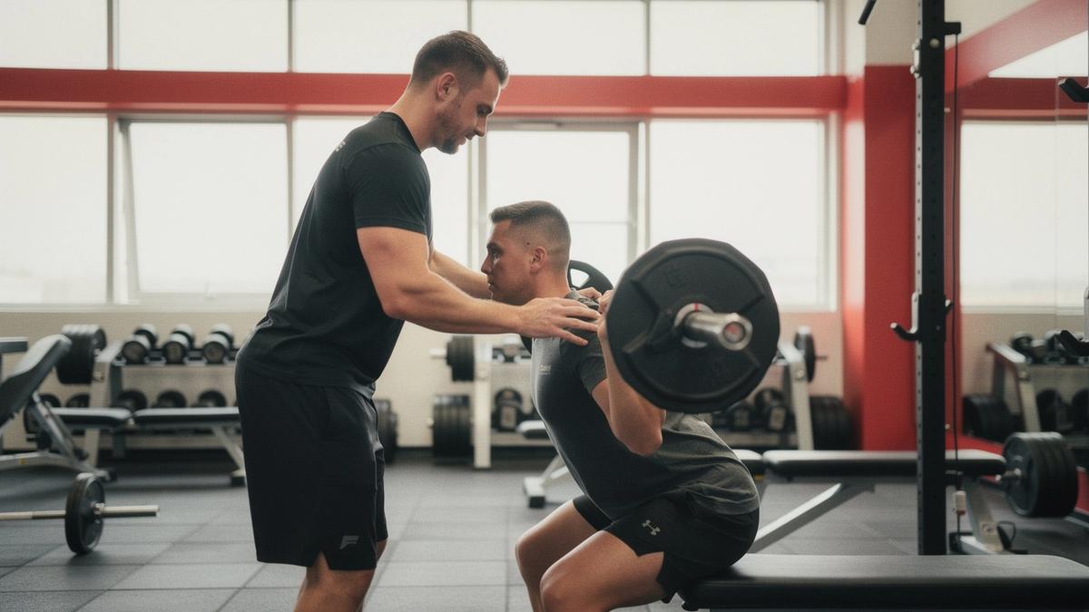Coach guiding a client through a barbell squat in a Kyiv training studio