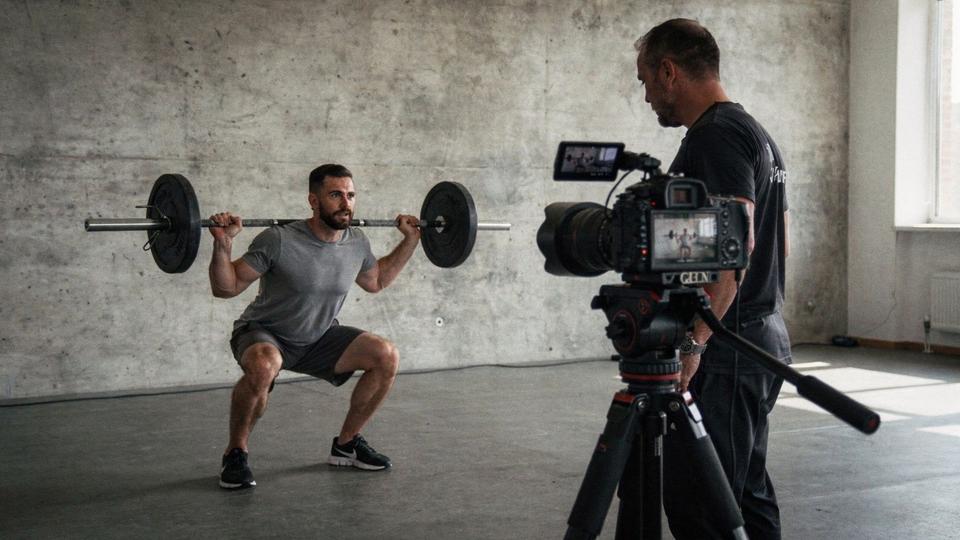 Coach filming a client's squat set side-on to log technique cues